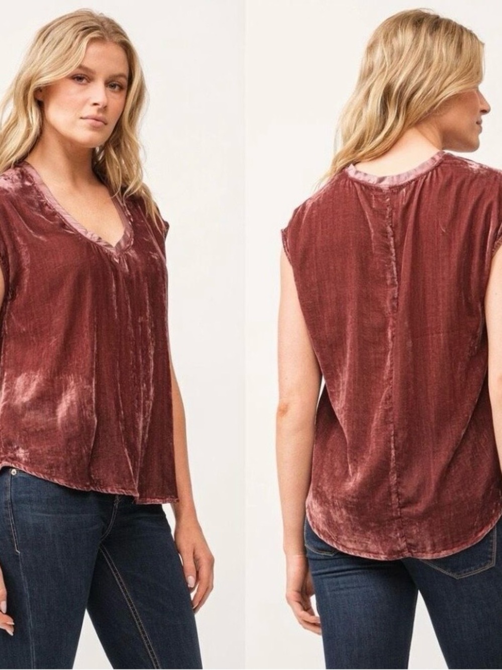 Dear John Velvet “Yanis” V-Neck Top in Praline